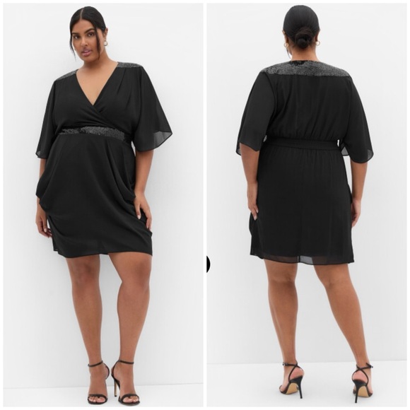 CITY CHIC Sequin Wrap Black Dress Short Sleeve Chiffon V-neck Sz 16 NWT - Picture 1 of 11